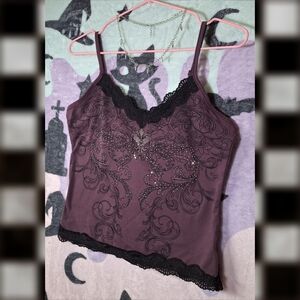Purple Rhinestone Cami - black lace trim - y2k grunge goth - small